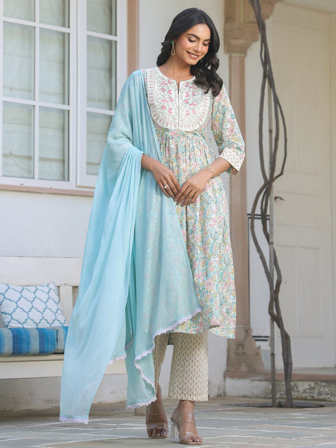 Off White Pure Cotton Yoke Embroidered Floral Printed A-line Kurta Set